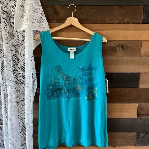 Vintage 90s Northern Reflections Lake Side Flowers Chair Quilt Nature Tank Top - Picture 7 of 7